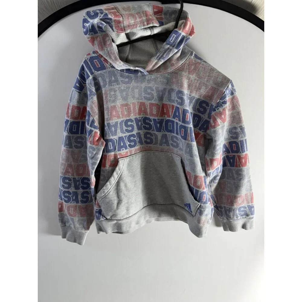 Adidas Youth L 14/16 All Over Logo Hoodie Gray Red Blue Graphic Pullover